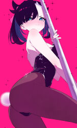 1girl absurdres aqua_eyes ass asymmetrical_bangs backless_leotard bare_arms bare_shoulders black_hair black_leotard blush breasts brown_pantyhose closed_mouth creatures_(company) game_freak hair_ribbon highres leotard looking_at_viewer marie_(pixiv59672544) marnie_(pokemon) medium_breasts nintendo pantyhose playboy_bunny pokemon pokemon_swsh pole purple_background rabbit_tail ribbon solo stripper_pole tail twintails undercut v-shaped_eyebrows