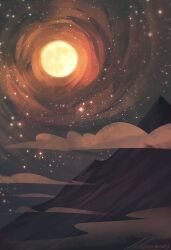 above_clouds artist_name brown_sky cloud full_moon glowing landscape moon mountain night night_sky no_humans no_lineart orange_clouds orange_light original outdoors scenery signature sky sky_focus sparkle star_(sky) starry_sky yellow_moon zandra
