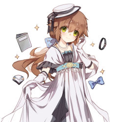 1girl black_choker blue_bow blue_bowtie boater_hat bow bowtie breasts brown_hair choker dress eiyuu_densetsu elbow_gloves gloves green_eyes hair_between_eyes hair_bow hat jewelry looking_at_viewer necklace notebook pearl_necklace sen_no_kiseki_(series) short_hair simple_background small_breasts smile solo towa_herschel traditional_bowtie white_background white_dress white_gloves white_hat willfin