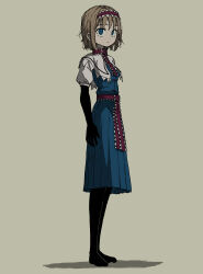 Rule 34 | 1girl, absurdres, alice margatroid, black gloves, black pantyhose, blonde hair, blue dress, blue eyes, dress, elbow gloves, gloves, hairband, highres, pantyhose, puffy short sleeves, puffy sleeves, sailor collar, short hair, short sleeves, simple background, standing, touhou, uzou (uzooooooooo)