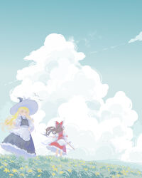 2girls absurdres apron bird black_hat black_skirt black_vest blonde_hair blue_sky bow braid brown_hair cloud commentary day detached_sleeves frilled_bow frilled_hair_tubes frills from_behind gohei hair_bow hair_tubes hakurei_reimu hat hat_bow highres holding holding_gohei kirisame_marisa long_hair multiple_girls outdoors red_bow red_skirt s2535151 side_braid single_braid skirt skirt_set sky touhou vest waist_apron white_apron white_bow witch_hat yellow_eyes