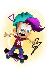 1boy blue_eyes blue_helmet blue_pants denim freckles helmet jeans kid lightning_bolt_symbol looking_down nickelodeon open_mouth pants print_shirt purple_hair purple_shoes red_shirt shirt shoes short_hair short_sleeves skateboard skateboarding smile teeth the_fairly_oddparents the_fairly_oddparents:_a_new_wish toonrandy white_background winn_harper_(the_fairly_oddparents:_a_new_wish)