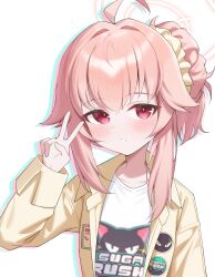 1girl absurdres ahoge band_shirt blue_archive hair_ornament hair_scrunchie halo highres jacket jei_(user_tckk7448) long_sleeves looking_at_viewer merchandise natsu_(band)_(blue_archive) natsu_(blue_archive) open_clothes open_jacket parted_lips pink_hair pink_halo red_eyes scrunchie shirt simple_background solo teeth upper_body v white_background white_shirt yellow_jacket yellow_scrunchie