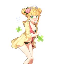 1girl bikini blonde_hair braid double_bun flower green_bikini green_eyes hair_bun hair_flower hair_ornament open_mouth salt_(salty) sapphire_emerald swimsuit tasuki twin_braids twintails uchi_no_hime-sama_ga_ichiban_kawaii white_tiara yellow_cloak