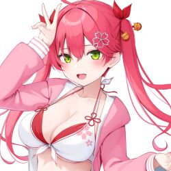 1girl ahoge bell bikini blush breasts cardigan cleavage collarbone commentary fingernails front-tie_bikini_top front-tie_top green_eyes hair_bell hair_between_eyes hair_ornament hair_ribbon hairclip hololive jingle_bell large_breasts long_hair long_sleeves looking_at_viewer nyan_(reinyan_007) open_cardigan open_clothes open_mouth pink_cardigan pink_hair pink_nails red_bikini red_ribbon ribbon sakura_miko simple_background smile solo swimsuit symbol-only_commentary teeth twintails v virtual_youtuber white_background white_bikini