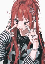 Rule 34 | 1girl, black eyes, black nails, cross, cross necklace, double v, ear piercing, forked tongue, hair ornament, hamafugu, hands up, highres, jewelry, long hair, looking at viewer, multiple rings, nail polish, necklace, one eye closed, original, piercing, red hair, ring, solo, tongue, tongue piercing, v, white background