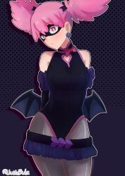 Rule 34 | 1girl, absurdres, arms behind back, black leotard, black mask, black pantyhose, blush, boku no hero academia, breasts, clothing cutout, detached sleeves, domino mask, earrings, eye mask, gloves, haneyama kazuho, heart, heart cutout, highres, jewelry, jun 2323, leotard, looking up, low wings, mask, original, pantyhose, pink eyes, pink hair, pink trim, skirt, solo, thighhighs, twintails, vigilante -boku no hero academia: illegals-, wings