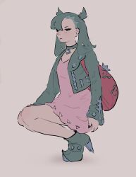 1girl absurdres asymmetrical_bangs backpack bag black_hair black_jacket black_shoes dress grey_background high_heels highres jacket marnie_(pokemon) nintendo open_clothes open_jacket pendant_choker pink_dress pokemon pokemon_swsh prog_ares shoes simple_background solo squatting