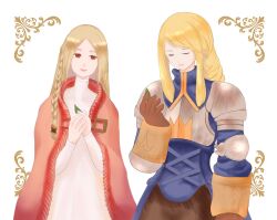 Rule 34 | 2girls, agrias oaks, armor, braid, breastplate, brown gloves, brown pants, closed eyes, dress, elbow pads, final fantasy, final fantasy tactics, gloves, highres, leaf, looking at viewer, multiple girls, ovelia atkascha, pants, red eyes, red robe, robe, shoulder armor, simple background, smile, upper body, white dress, yoreyoreiko