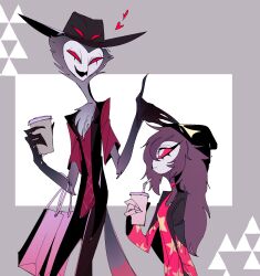 1boy 1girl ama0805 beak beanie bird_boy bird_girl cardigan extra_eyes father_and_daughter grey_cardigan hat helluva_boss highres looking_at_another octavia_(helluva_boss) red_eyes stolas_(helluva_boss)