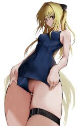 Rule 34 | 1girl, absurdres, blonde hair, blue one-piece swimsuit, breasts, clothing aside, commentary, cone hair bun, covered navel, eee mii, from below, hair bun, hair intakes, highres, konjiki no yami, long hair, looking at viewer, old school swimsuit, one-piece swimsuit, parted lips, pussy, red eyes, school swimsuit, simple background, small breasts, solo, swimsuit, swimsuit aside, thigh strap, thighs, to love-ru, two side up, uncensored, very long hair, white background