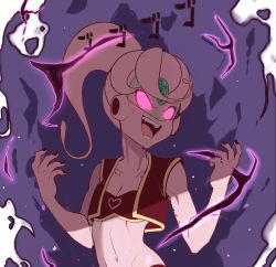 1girl antennae aura black_nails breasts cleavage colored_skin dragon_ball dragon_ball_xenoverse evil_smile female_focus female_majin forehead_jewel glowing glowing_eyes groin highres majin_(race) midriff nail_polish navel open_mouth pink_eyes pink_hair pink_skin sally_(luna-arts) small_breasts smile solo upper_body vest visor