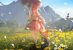 1girl ahoge animal ball bare_legs bare_shoulders belt black_belt black_ribbon blue_sky blunt_bangs bow bow_choker bowtie bra_strap brown_eyes buttons cat choker cloak closed_mouth clothed_animal cloud collarbone ear_covers eyelashes field flower flower_field forest frilled_shirt frilled_skirt frilled_umbrella frills full_body hair_ribbon head_tilt highres holding holding_ball holding_umbrella hood hood_up hooded_cloak infinity_nikki jewelry knees lavender_(flower) layered_skirt lips long_hair long_sidelocks looking_at_viewer low_twintails medium_skirt momo_(nikki) mountain nature necklace nikki_(nikki) nikki_(series) off-shoulder_shirt off_shoulder open_mouth orange_bow orange_bowtie parasol perfect_start_(infinity_nikki) petals pink_bow pink_bowtie pink_choker pink_hair pink_lips pink_ribbon pink_skirt pleated_skirt purple_flower purple_umbrella ribbon scenery see-through_skirt_layer shadow shirt sidelocks signature single_stripe skirt sky smile snowflake_print snowflakes standing star_(symbol) star_necklace striped_bow striped_bowtie striped_choker striped_clothes sunflower suqiu tress_ribbon twintails umbrella very_long_hair wavy_hair whiskers white_cat white_shirt white_skirt yellow_cloak yellow_flower