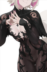 absurdres black_dress breasts chronopattern_dress cleavage_cutout clothing_cutout dress flat_chest head_out_of_frame highres light_smile meme_attire mococo_abyssgard multicolored_hair out_of_frame pink_nails revilol see-through_clothes simple_background small_breasts smile steepled_fingers streaked_hair