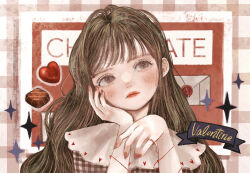 1girl blush brown_eyes brown_hair chocolate cinnamon_(katsura) cursive english_text faux_retro_artstyle gingham letter long_hair love_letter makeup nail_polish original retro_artstyle sparkle string string_of_fate valentine wax_seal