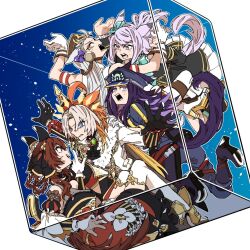 5girls ahoge animal_ears asuka_(junerabitts) black_gloves black_hair blue_eyes boots bow box brown_eyes brown_hair commentary_request ear_bow ear_covers ear_ornament ears_through_headwear fenomeno_(umamusume) gentildonna_(umamusume) gloves gold_ship_(umamusume) grey_hair hat high_heel_boots high_heels horse_ears horse_girl horse_tail in_box in_container long_hair long_sleeves mejiro_mcqueen_(umamusume) multicolored_hair multiple_girls orange_hair orfevre_(umamusume) peaked_cap pillbox_hat purple_eyes purple_hair red_eyes single_ear_cover sky star_(sky) starry_sky tail umamusume white_gloves white_hair