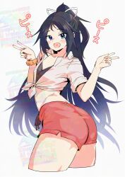 Rule 34 | asava (hutaitenn), ass, bikini, bikini under clothes, black bikini, black hair, blue eyes, collared shirt, commentary request, cosplay, cowboy shot, cropped legs, double v, dress shirt, heart, heart in mouth, highres, kantai collection, katsuragi (kancolle), long hair, noshiro (kancolle), noshiro (kancolle) (cosplay), noshiro (swimsuit) (kancolle), orange scrunchie, ponytail, red shorts, scrunchie, shirt, shorts, smile, swimsuit, tied shirt, v, watermark, white shirt, wrist scrunchie