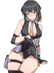 1girl absurdres bare_shoulders black_dress black_hair black_panties blush boyin breasts breasts_apart clothes_lift colored_inner_hair commentary_request dress dress_lift earrings female_rover_(wuthering_waves) gloves grey_hair hair_intakes hair_ribbon highres jewelry large_breasts lifting_own_clothes looking_at_viewer multicolored_hair panties presenting ribbon rover_(wuthering_waves) simple_background solo thigh_strap thighs underwear variant_set white_background wuthering_waves yellow_eyes yellow_ribbon