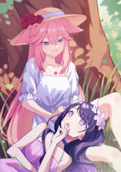 2girls absurdres artist_name choker commentary dress english_commentary falling_leaves flower flower_hat genshin_impact grass hair_between_eyes hair_flower hair_ornament hat heart heart_necklace highres jewelry leaf long_hair looking_at_another lying lying_on_person mole mole_under_eye multiple_girls necklace on_grass open_mouth outdoors pink_hair purple_choker purple_dress purple_eyes purple_flower purple_hair raiden_shogun red_flower red_rose rose sharonda smile watermark white_dress yae_miko