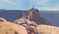 blue_sky building cliff day frogjem horizon mountain original outdoors painting_(medium) scenery sky tower traditional_media