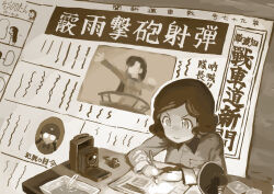 1girl asymmetrical_bangs bellows_camera black_hair braid camera chi-hatan_military_uniform desk desk_lamp fukuda_haru girls_und_panzer helmet highres indoors inkwell lamp monochrome newspaper nib_pen_(object) nishi_kinuyo pen photo_(object) round_eyewear short_hair sitting solo teramoto_tomiko twin_braids vanilla_(nekomist) writing