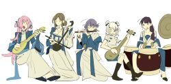 Rule 34 | 5girls, bang dream!, bang dream! it&#039;s mygo!!!!!, black shoes, blue eyes, blue jacket, breasts, brown hair, chihaya anon, china dress, chinese clothes, cleavage, closed eyes, commentary, cymbals, double bun, dress, drum, earrings, fang, hair bun, hashtag-only commentary, heterochromia, highres, instrument, instrument request, jacket, jewelry, kaname raana, large breasts, long hair, lusin01, multiple girls, music, mygo!!!!! (bang dream!), nagasaki soyo, necklace, open mouth, pink hair, playing flute, playing instrument, purple eyes, purple hair, shiina taki, shirt, shoes, short hair, sitting, skin fang, skirt, smile, takamatsu tomori, white dress, white shirt, white skirt, yellow eyes