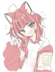 1girl ahoge akami_karubi animal_ears cat_ears cat_girl crazy_raccoon hair_ornament heart heart-shaped_pupils jacket looking_at_viewer medium_hair multicolored_hair open_clothes open_jacket open_mouth red_hair red_jacket sentouryoku_5 shirt simple_background sketch smile solo streaked_hair symbol-shaped_pupils two_side_up v virtual_youtuber white_background white_shirt