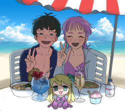 1boy 1girl antenna_hair beach beach_umbrella bent_v bikini black_eyes black_hair blue_shirt blue_sky blush bottle choppy_bangs closed_eyes cloud collarbone cup egg_(food) facing_viewer food glasses hand_up hood hood_down hoodie horizon ice_cream_cup inkya_lovecome kagami_tooru kamaboko long_hair looking_at_viewer memo1115925 mole mole_under_mouth monobloc_(chair) narutomaki noodles ocean on_chair oohashi_taiga open_clothes open_hoodie open_mouth open_shirt outdoors purple_bikini purple_hair ramen sand shade shirt short_hair side-by-side sitting sky small_sweatdrop smile stuffed_toy swimsuit table thick_eyebrows tropical_drink umbrella v water_bottle white_hoodie
