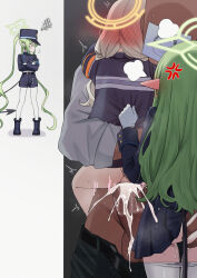 1boy 3girls anger_vein aoba_(blue_archive) black_jacket black_shorts black_skirt black_tail blue_archive blush bottomless censored clothed_sex clothes_grab clothes_pull cum cum_in_pussy cum_overflow doodle_sensei_(blue_archive) ear_blush erection ffm_threesome gloves grabbing_another&#039;s_ass green_hair green_halo groping group_sex halo hetero highres hikari_(blue_archive) jacket jacket_grab lifting_person loli long_hair long_sleeves mosaic_censoring multiple_girls nozomi_(blue_archive) pantyhose pantyhose_pull paper_on_head penis pointy_ears puff_of_air senapops sensei_(blue_archive) sex shorts skirt standing suspended_congress tail threesome twintails vaginal very_long_hair white_gloves white_pantyhose yellow_halo