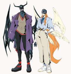 Rule 34 | alternate costume, angel, angel and devil, angel wings, angemon, belt, black wings, blonde hair, claws, colored skin, contemporary, covered eyes, demon, demon boy, devimon, digimon, digimon (creature), feathered wings, gloves, helmet, helmet over eyes, horns, karina farek, long arms, long hair, male focus, multiple boys, multiple wings, red eyes, teeth, torn wings, white wings, wings