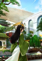 1girl 5others arch_bridge architecture avatar:_the_last_airbender avatar_legends black_hair blind blue_sky bridge building chinese_clothes cloud cloudy_sky cobblestone commentary day defensive_wall east_asian_architecture english_commentary flower gumroad_username highres jyundee lily_pad long_hair long_sleeves multiple_others outdoors patreon_username profile river scenery sky stairs toph_beifong tree walking water_lily_flower watermark web_address wide_sleeves