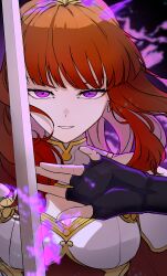 1girl absurdres armor aura black_gloves breastplate breasts cape celica_(fire_emblem) celica_(imprisoned_soul)_(fire_emblem) choker cleavage commission commissioner_upload corruption dark_aura earrings evil_smile fingerless_gloves fire_emblem fire_emblem_echoes:_shadows_of_valentia gloves highres holding holding_sword holding_weapon jewelry long_hair looking_at_viewer medium_breasts motoiwork nintendo orange_hair princess purple_eyes red_hair skeb_commission smile sword tiara weapon white_armor witch