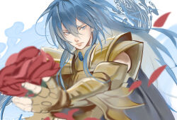 Rule 34 | 1boy, armor, blue eyes, blue hair, expressionless, flower, gold armor, gold cloth, gold saint, hair between eyes, highres, holding, holding flower, kaitotenjoirl, long hair, looking at viewer, male focus, mole, mole under eye, outstretched arm, pauldrons, petals, pisces albafica, red flower, red petals, red rose, rose, rose petals, saint seiya, saint seiya: the lost canvas, shoulder armor, solo, trap