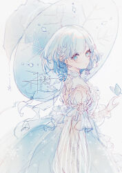 1girl absurdres blue_bow blue_butterfly blue_dress blue_eyes blue_hair blue_hat bow braid bug butterfly butterfly_on_hand commentary_request dress eyelashes hat highres insect large_hat layered_sleeves long_sleeves original outstretched_hand parted_lips puffy_long_sleeves puffy_short_sleeves puffy_sleeves see-through_clothes see-through_sleeves senryoko short_hair short_over_long_sleeves short_sleeves side_braid signature simple_background single_braid snowflake_print snowflakes solo standing striped_bow vertical-striped_sleeves white_background witch_hat