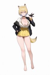 Rule 34 | 1girl, absurdres, animal ears, bare legs, barefoot, bikini, bikini under clothes, black choker, black gloves, black jacket, blonde hair, blue eyes, breasts, choker, cleavage, collared shirt, double-parted bangs, gloves, gold bikini, grin, groin, hair between eyes, half gloves, hand on own hip, hand up, highres, jacket, large breasts, mole, mole under eye, off shoulder, original, partially unbuttoned, pleated skirt, scrunchie, shirt, shirt tucked in, short hair, simple background, skirt, smile, solo, standing, starcat, swimsuit, tail, toes, white background, white shirt, wrist scrunchie, yellow skirt