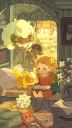 1girl applin autumn book bookshelf bouquet commentary_request crayon creatures_(company) cushion day drawing_(object) dress flower game_freak gen_1_pokemon gen_2_pokemon gen_5_pokemon gen_8_pokemon hairband highres holding holding_book indoors nintendo oddish open_mouth pokemon pokemon_(creature) reading sitting sketchbook skwovet smile socks substitute_(pokemon) teeth tofumaabo togepi upper_teeth_only vase whimsicott window wooloo yamper