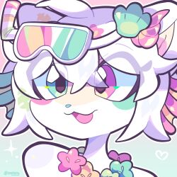 1girl :3 absurdres ahoge animal_ears aqua-tinted_eyewear aqua_background aqua_eyes artist_name bare_shoulders borrowed_character cat_ears cat_girl crossed_bangs doodle_inset double-parted_bangs eyes_visible_through_hair eyewear_on_head fins flower flower_necklace furry goggles gradient_background hair_between_eyes happy head_fins heart heterochromia highres hue_shifting jewelry lei looking_to_the_side multicolored_fur necklace open_mouth original outline pink-tinted_eyewear pink_background pink_eyes portrait raised_eyebrows sashley second-party_source shell_hair_ornament short_hair solo sparkle tinted_eyewear white-framed_eyewear white_fur white_hair white_outline