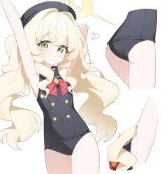1girl absurdres armpits ass black_hat blonde_hair blue_archive blush bow bowtie breasts child closed_mouth flat_chest fluffy_hair green_eyes halo hat heart highres honi_(honi1010) loli long_hair looking_at_viewer professor_niyaniya_(blue_archive) red_bow red_bowtie sidelocks simple_background solo swimsuit white_background yellow_halo