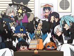 3girls 6+boys ahoge arlecchino_(genshin_impact) black_gloves black_hair black_hat black_helmet black_mask black_sleeves blue_eyes blue_gemstone blue_hair blue_hat blunt_bangs bonnet capitano_(genshin_impact) cheek_bulge clenched_teeth closed_eyes coat columbina_(genshin_impact) curtained_hair dark-skinned_male dark_skin dottore_(genshin_impact) eye_mask facial_hair facing_object facing_viewer fatui_coat food fur-trimmed_sleeves fur_collar fur_trim gem genshin_impact gloves goatee grey_gloves grey_hair half_mask hat head_wings heater helmet highres holding holding_food holding_phone holding_popsicle imtmcomics looking_at_object looking_at_phone mask mecha multicolored_hair multiple_boys multiple_girls multiple_wings mustache open_hands open_mouth palms_together pantalone_(genshin_impact) phone pierro_(genshin_impact) pink_hair pointy_ears popsicle poster_(object) pulcinella_(genshin_impact) red_pupils rimless_eyewear robot round_eyewear sandrone_(genshin_impact) scaramouche_(genshin_impact) self_hug semi-rimless_eyewear short_hair streaked_hair sweat swept_bangs symbol-shaped_pupils table tartaglia_(genshin_impact) teeth top_hat white_coat white_gloves white_hair white_headdress white_mask white_wings wings winter_clothes winter_coat x-shaped_eyewear x-shaped_pupils