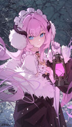 Rule 34 | 1girl, absurdres, adapted costume, ai dongdong, black jacket, blue eyes, breasts, chinese commentary, closed mouth, commentary request, elysia (honkai impact), elysia (miss pink) (honkai impact), elysia (miss pink elf) (honkai impact), fur-trimmed jacket, fur trim, gloves, hand up, headdress, highres, holding, holding lantern, honkai (series), honkai impact 3rd, jacket, lantern, large breasts, long hair, looking at viewer, maid, maid headdress, off shoulder, official alternate costume, pink hair, pink pupils, smile, solo, upper body, white background, white gloves, winter clothes