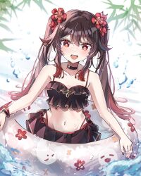 Rule 34 | 1girl, :d, bikini, black bikini, black choker, blush, boo tao (genshin impact), brown hair, choker, collarbone, commentary, flower-shaped pupils, genshin impact, highres, hu tao (genshin impact), innertube, long hair, looking at viewer, navel, open mouth, red eyes, smile, solo, swim ring, swimsuit, symbol-only commentary, symbol-shaped pupils, twitter username, upper body, wet, yuewishies