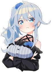 :t arms_under_breasts bare_shoulders black_dress black_straps blue_eyes blue_flower blue_hair blue_rose blue_scrunchie blush breasts cropped_torso crossed_arms dress flower grey_dress hair_between_eyes inaka_keikou lace large_breasts layered_dress nijisanji open_clothes pleated_dress pout puffy_sleeves rose scrunchie side_ponytail strap striped_clothes striped_dress vertical-striped_clothes vertical-striped_dress virtual_youtuber white_background yukishiro_mahiro yukishiro_mahiro_(3rd_costume)