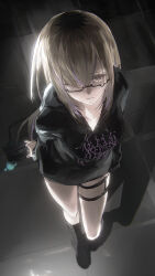 1girl absurdres bag black_bag black_boots black_hoodie blonde_hair boots character_request closed_mouth copyright_request glasses hair_over_one_eye highres holding holding_bag hood hoodie long_hair long_hoodie looking_at_viewer no_pants purple_eyes sidelocks solo thigh_strap zadun