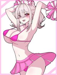 1girl :d armpits arms_up bikini breasts collarbone cowboy_shot cross fang grey_hair hair_between_eyes hair_intakes hat highres holding holding_pom_poms large_breasts long_hair looking_at_viewer microskirt midriff mole mole_under_eye multiple_moles nijisanji nurse_cap open_mouth orihojisan pink_background pink_bikini pink_eyes pink_skirt pom_pom_(cheerleading) pom_poms simple_background skirt smile solo sukoya_kana swimsuit twintails two-tone_background virtual_youtuber white_background