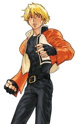 Rule 34 | 1boy, black undershirt, blonde hair, capcom vs snk 2, clenched hand, fatal fury, fatal fury: city of the wolves, fingerless gloves, game cg, garou: mark of the wolves, gloves, highres, jacket, looking to the side, nishimura kinu, non-web source, official art, open clothes, open jacket, open mouth, raised eyebrows, red pupils, rock howard, short hair, snk, solo, teeth, the king of fighters, undershirt
