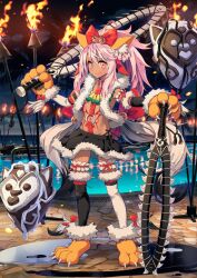 1girl animal_ear_fluff animal_ears animal_hands armband asymmetrical_sleeves bell belt_buckle belt_collar black_skirt black_sleeves black_socks bow buckle cat_ears cat_girl chloe_von_einzbern chloe_von_einzbern_(swimsuit_avenger) chloe_von_einzbern_(swimsuit_avenger)_(third_ascension) claws closed_mouth collar detached_sleeves dual_wielding embers fake_tail fate/grand_order fate_(series) feather_boa fire floating floating_object frilled_armband frilled_thigh_strap frills full_body fur-trimmed_gloves fur-trimmed_shoes fur-trimmed_skirt fur_trim game_cg gloves hair_bell hair_bow hair_ornament hands_up high_ponytail hiroyama_hiroshi holding holding_sword holding_weapon jewelry jingle_bell legs_apart long_hair long_sidelocks long_sleeves looking_at_viewer lowleg lowleg_skirt miniskirt mismatched_sleeves mismatched_socks multiple_tails navel necklace night o-ring official_art orange_gloves orange_shoes outdoors outstretched_arms over-kneehighs over_shoulder panty_straps paw_gloves paw_shoes pink_hair planted planted_sword planted_weapon ponytail pool poolside red_bow red_collar red_tattoo revealing_clothes shoes sidelocks skirt smile socks solo standing stomach stomach_tattoo sword tail tail_bow tail_ornament tattoo thigh_strap thighhighs third-party_source torch two_tails v-shaped_eyebrows variant_set weapon weapon_over_shoulder white_sleeves white_socks yin_yang