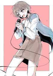 Rule 34 | 1girl, bang dream!, bang dream! it&#039;s mygo!!!!!, blue jacket, blush, border, brown skirt, grey hair, highres, holding, holding microphone, jacket, long sleeves, microphone, misumi suki, music, open mouth, outside border, pink background, pink eyes, shirt, short hair, simple background, singing, skirt, solo, standing, sweat, takamatsu tomori, tears, white border, white shirt