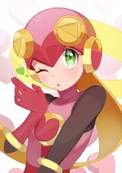 1girl black_bodysuit blonde_hair blush bodysuit green_eyes heart highres leotard long_hair mega_man_(series) mega_man_battle_network_(series) netnavi one_eye_closed pink_background pink_leotard roll.exe_(mega_man) solo upper_body white_background yama_(toaru_puyopuyo)