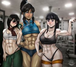 3girls abs avatar_legends black_eyes black_hair blue_eyes breasts crossover dark-skinned_female dark_skin en&#039;en_no_shouboutai female_focus highres korra large_breasts maki_oze mikasa_ackerman multiple_girls muscular muscular_female purple_eyes shingeki_no_kyojin the_legend_of_korra