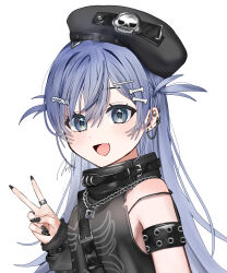 1girl absurdres arisyooon arm_strap beret black_hat black_nails black_shirt bone_hair_ornament ear_chain ear_piercing earrings grey_eyes grey_hair hair_between_eyes hair_ornament hat high_collar highres jewelry linked_piercing long_hair multiple_rings nail_polish open_mouth parted_bangs piercing portrait ring shirt signature simple_background sleeveless sleeveless_shirt solo two_side_up v virtual_youtuber vspo! white_background yano_kuromu